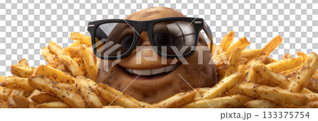 Smiling Potato Character in Sunglasses Surrounded by Crispy Golden French Fries on Transparent Background - Generative Ai 133375754