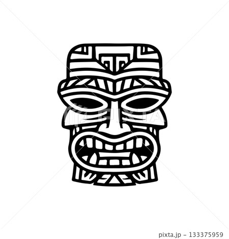 Tiki tribal wooden mask set and Tiki mug. Hawaiian traditional elements. Colored, wooden and black and white silhouette. Vector illustration 133375959