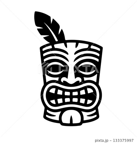 Tiki tribal wooden mask set and Tiki mug. Hawaiian traditional elements. Colored, wooden and black and white silhouette. Vector illustration Tiki tribal wooden mask set and Tiki mug. Hawaiian traditional elements. Colored, wooden and black and white silhouette. Vector illustration 133375997
