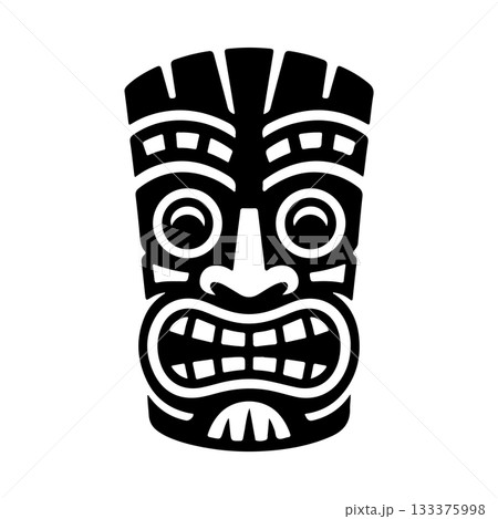 Tiki tribal wooden mask set and Tiki mug. Hawaiian traditional elements. Colored, wooden and black and white silhouette. Vector illustration 133375998