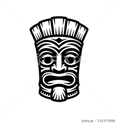 Tiki tribal wooden mask set and Tiki mug. Hawaiian traditional elements. Colored, wooden and black and white silhouette. Vector illustration Tiki tribal wooden mask set and Tiki mug. Hawaiian traditional elements. Colored, wooden and black and white silhouette. Vector illustration 133375999