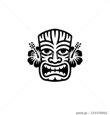 Tiki tribal wooden mask set and Tiki mug. Hawaiian traditional elements. Colored, wooden and black and white silhouette. Vector illustration 133376002