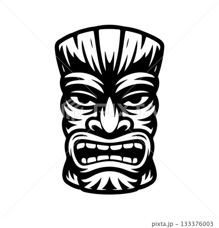 Tiki tribal wooden mask set and Tiki mug. Hawaiian traditional elements. Colored, wooden and black and white silhouette. Vector illustration 133376003
