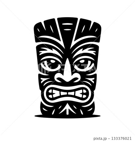 Tiki tribal wooden mask set and Tiki mug. Hawaiian traditional elements. Colored, wooden and black and white silhouette. Vector illustration Tiki tribal wooden mask set and Tiki mug. Hawaiian traditional elements. Colored, wooden and black and white silhouette. Vector illustration 133376021