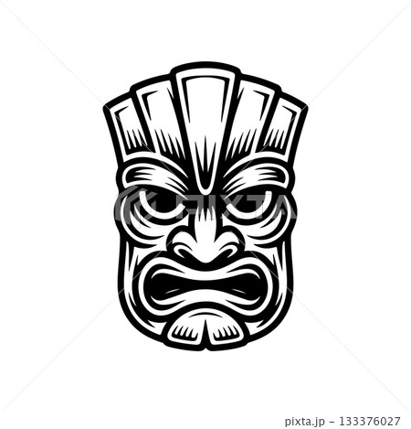 Tiki tribal wooden mask set and Tiki mug. Hawaiian traditional elements. Colored, wooden and black and white silhouette. Vector illustration Tiki tribal wooden mask set and Tiki mug. Hawaiian traditional elements. Colored, wooden and black and white silhouette. Vector illustration 133376027