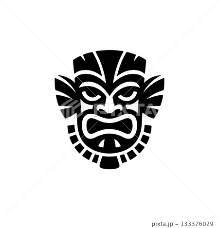Tiki tribal wooden mask set and Tiki mug. Hawaiian traditional elements. Colored, wooden and black and white silhouette. Vector illustration 133376029