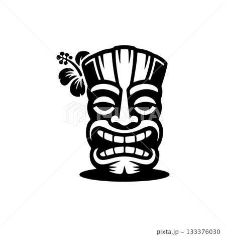 Tiki tribal wooden mask set and Tiki mug. Hawaiian traditional elements. Colored, wooden and black and white silhouette. Vector illustration Tiki tribal wooden mask set and Tiki mug. Hawaiian traditional elements. Colored, wooden and black and white silhouette. Vector illustration 133376030