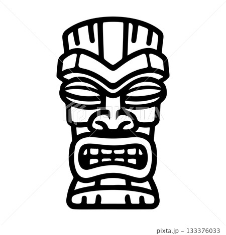 Tiki tribal wooden mask set and Tiki mug. Hawaiian traditional elements. Colored, wooden and black and white silhouette. Vector illustration 133376033