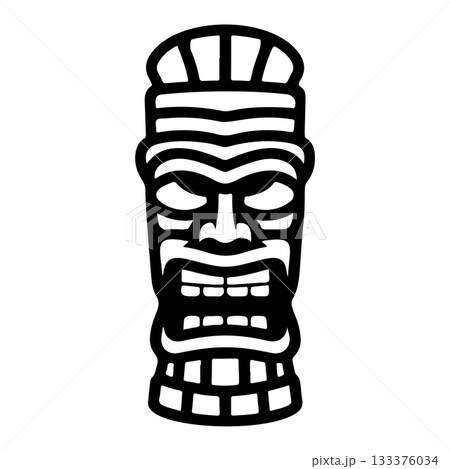 Tiki tribal wooden mask set and Tiki mug. Hawaiian traditional elements. Colored, wooden and black and white silhouette. Vector illustration Tiki tribal wooden mask set and Tiki mug. Hawaiian traditional elements. Colored, wooden and black and white silhouette. Vector illustration 133376034