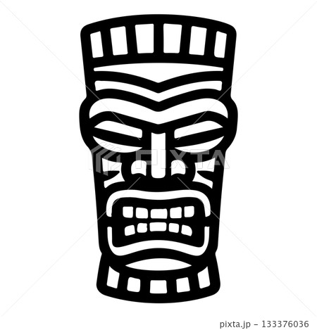 Tiki tribal wooden mask set and Tiki mug. Hawaiian traditional elements. Colored, wooden and black and white silhouette. Vector illustration 133376036