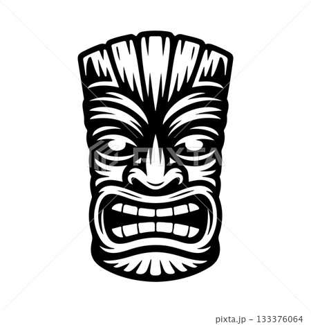 Tiki tribal wooden mask set and Tiki mug. Hawaiian traditional elements. Colored, wooden and black and white silhouette. Vector illustration 133376064