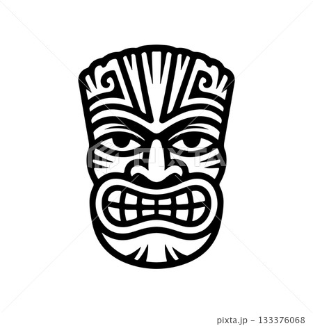 Tiki tribal wooden mask set and Tiki mug. Hawaiian traditional elements. Colored, wooden and black and white silhouette. Vector illustration 133376068