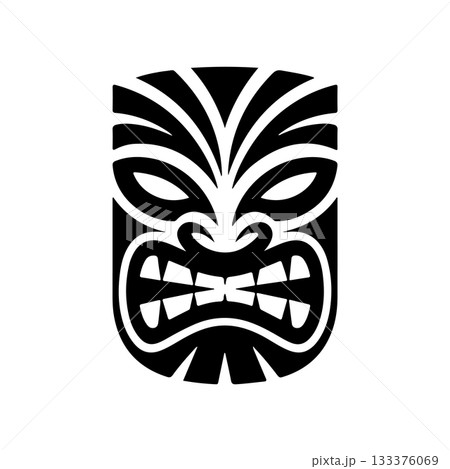 Tiki tribal wooden mask set and Tiki mug. Hawaiian traditional elements. Colored, wooden and black and white silhouette. Vector illustration 133376069