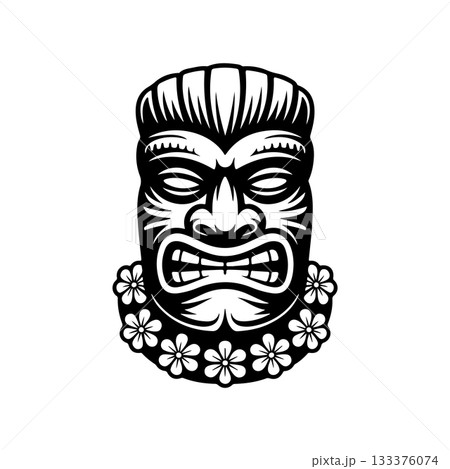 Tiki tribal wooden mask set and Tiki mug. Hawaiian traditional elements. Colored, wooden and black and white silhouette. Vector illustration Tiki tribal wooden mask set and Tiki mug. Hawaiian traditional elements. Colored, wooden and black and white silhouette. Vector illustration 133376074
