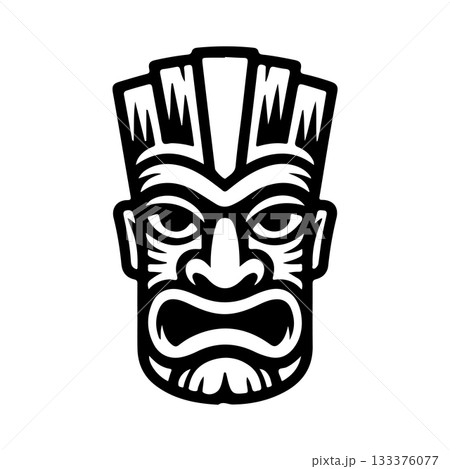 Tiki tribal wooden mask set and Tiki mug. Hawaiian traditional elements. Colored, wooden and black and white silhouette. Vector illustration Tiki tribal wooden mask set and Tiki mug. Hawaiian traditional elements. Colored, wooden and black and white silhouette. Vector illustration 133376077