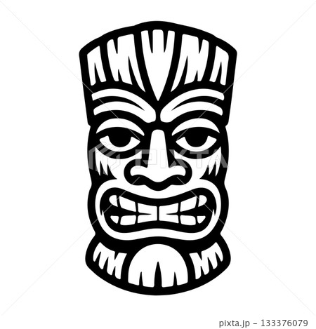 Tiki tribal wooden mask set and Tiki mug. Hawaiian traditional elements. Colored, wooden and black and white silhouette. Vector illustration 133376079