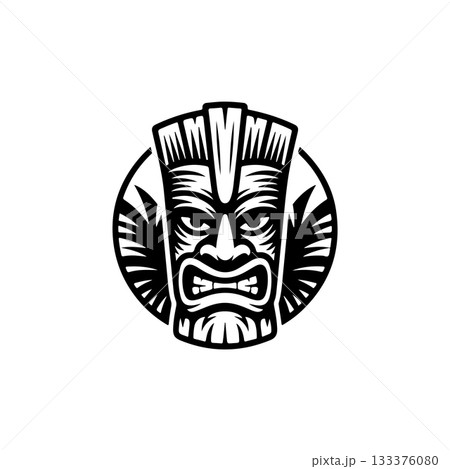 Tiki tribal wooden mask set and Tiki mug. Hawaiian traditional elements. Colored, wooden and black and white silhouette. Vector illustration 133376080