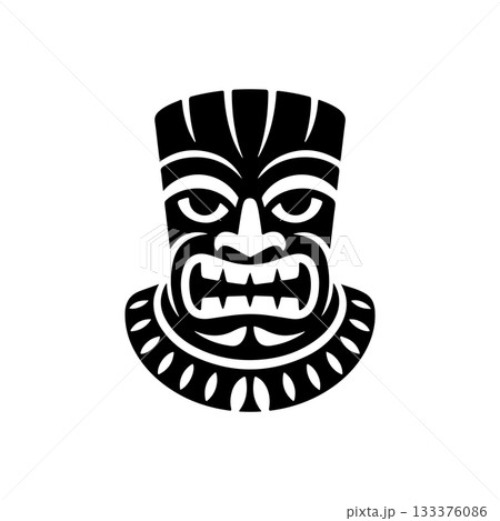 Tiki tribal wooden mask set and Tiki mug. Hawaiian traditional elements. Colored, wooden and black and white silhouette. Vector illustration 133376086