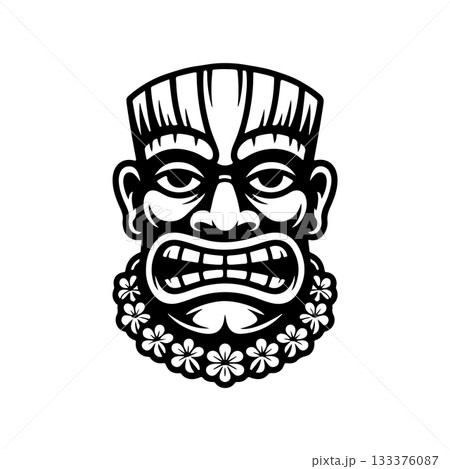 Tiki tribal wooden mask set and Tiki mug. Hawaiian traditional elements. Colored, wooden and black and white silhouette. Vector illustration 133376087
