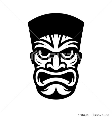 Tiki tribal wooden mask set and Tiki mug. Hawaiian traditional elements. Colored, wooden and black and white silhouette. Vector illustration Tiki tribal wooden mask set and Tiki mug. Hawaiian traditional elements. Colored, wooden and black and white silhouette. Vector illustration 133376088