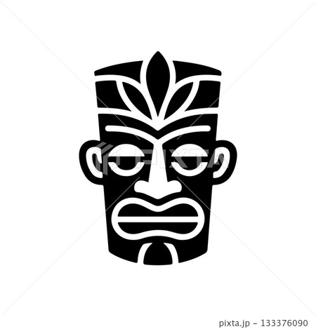 Tiki tribal wooden mask set and Tiki mug. Hawaiian traditional elements. Colored, wooden and black and white silhouette. Vector illustration 133376090