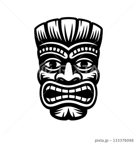 Tiki tribal wooden mask set and Tiki mug. Hawaiian traditional elements. Colored, wooden and black and white silhouette. Vector illustration 133376098