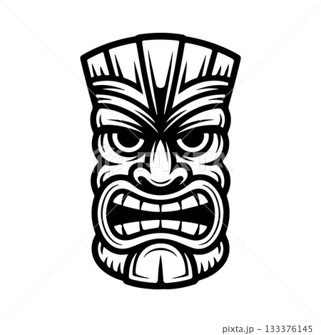 Tiki tribal wooden mask set and Tiki mug. Hawaiian traditional elements. Colored, wooden and black and white silhouette. Vector illustration 133376145