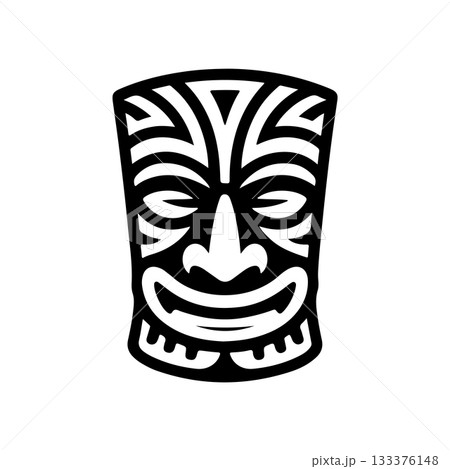 Tiki tribal wooden mask set and Tiki mug. Hawaiian traditional elements. Colored, wooden and black and white silhouette. Vector illustration Tiki tribal wooden mask set and Tiki mug. Hawaiian traditional elements. Colored, wooden and black and white silhouette. Vector illustration 133376148