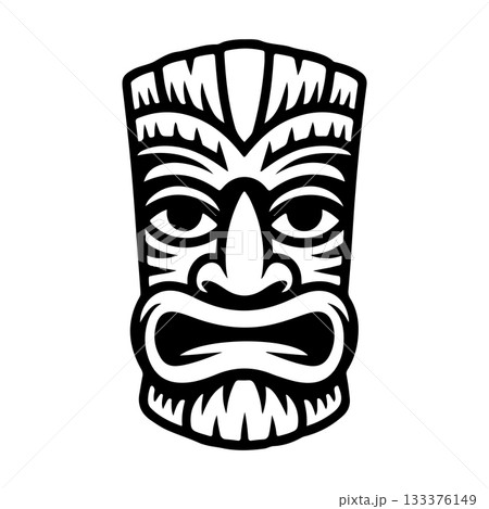 Tiki tribal wooden mask set and Tiki mug. Hawaiian traditional elements. Colored, wooden and black and white silhouette. Vector illustration Tiki tribal wooden mask set and Tiki mug. Hawaiian traditional elements. Colored, wooden and black and white silhouette. Vector illustration 133376149