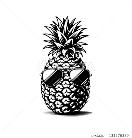 Illustration of pineapple with sunglasses in engraving style. Design element for poster, card, banner, sign. Vector illustration 133376389