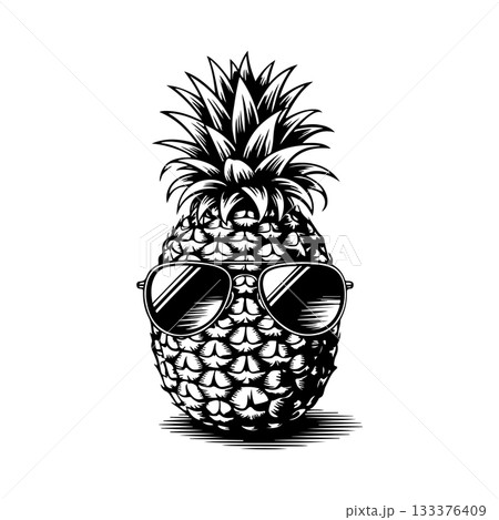 Illustration of pineapple with sunglasses in engraving style. Design element for poster, card, banner, sign. Vector illustration 133376409