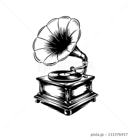 Illustration of retro gramophone in engraving style. Design element for logo, emblem, sign, poster, card, banner. Vector illustration Illustration of retro gramophone in engraving style. Design element for logo, emblem, sign, poster, card, banner. Vector illustration 133376457