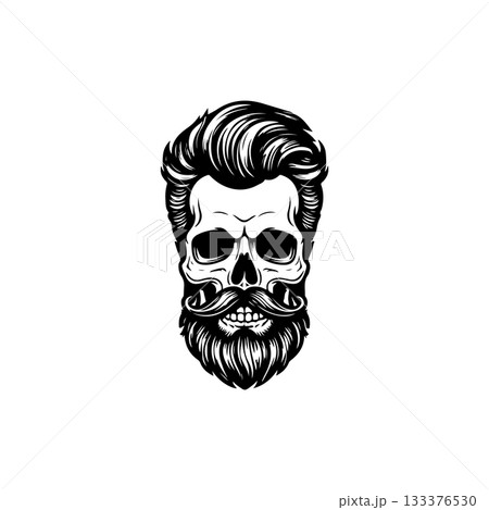 Illustration of bearded skull isolated on white background. Barbers skull. Design element for logo, sign, poster, emblem. Vector illustration 133376530