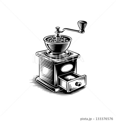 Coffee mill icon isolated on white. Vintage coffee grinder. Design element for logo, label, sign, poster, flyer. Vector illustration 133376576