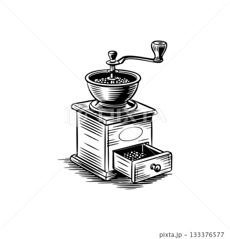 Coffee mill icon isolated on white. Vintage coffee grinder. Design element for logo, label, sign, poster, flyer. Vector illustration 133376577