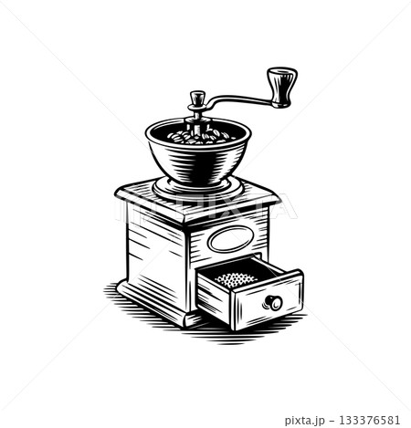 Coffee mill icon isolated on white. Vintage coffee grinder. Design element for logo, label, sign, poster, flyer. Vector illustration 133376581