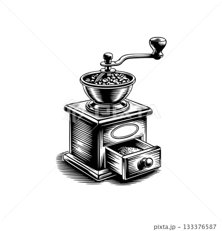 Coffee mill icon isolated on white. Vintage coffee grinder. Design element for logo, label, sign, poster, flyer. Vector illustration 133376587