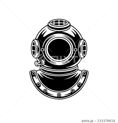Retro style diver helmet isolated on white background. Design element for logo, label, sign, poster, menu. Vector illustration 133376618
