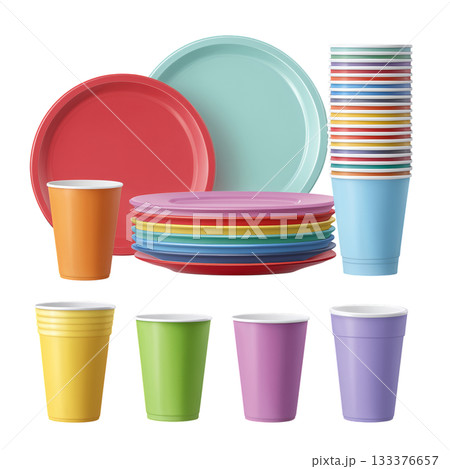 Colorful Stack of Party Plates and Bowls for Festive Gatherings and Celebrations. 133376657