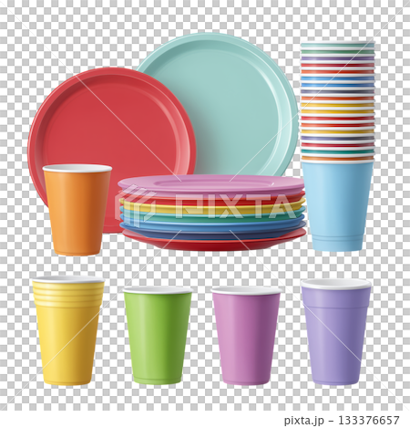 Colorful Stack of Party Plates and Bowls for Festive Gatherings and Celebrations. 133376657