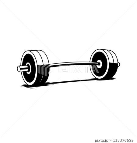 Illustration of gym barbell in monochrome style. Design element for logo, sign, emblem. Vector illustration 133376658