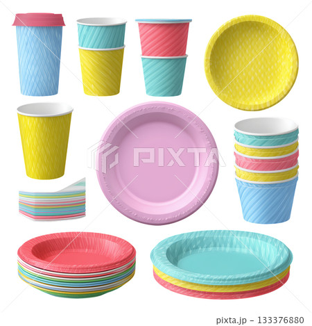 Colorful Disposable Cups and Plates Arranged Neatly in Various Shades for an Outdoor Event. 133376880