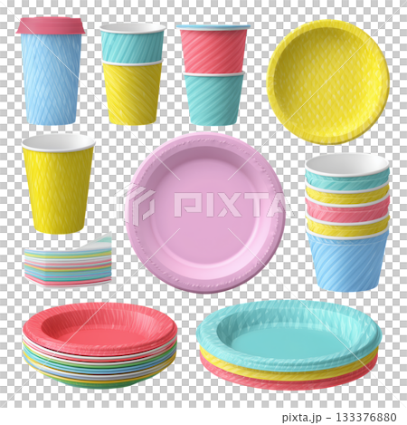 Colorful Disposable Cups and Plates Arranged Neatly in Various Shades for an Outdoor Event. 133376880