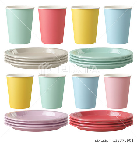 Colorful Disposable Cups and Plates Arranged Neatly in Various Shades for an Outdoor Event 133376901
