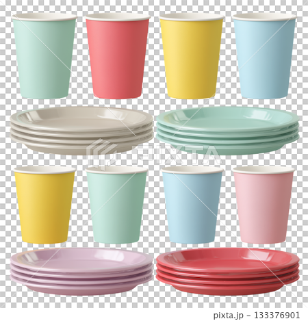Colorful Disposable Cups and Plates Arranged Neatly in Various Shades for an Outdoor Event Colorful Disposable Cups and Plates Arranged Neatly in Various Shades for an Outdoor Event 133376901
