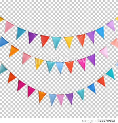Colorful Triangular Flags Hanging for Celebration or Decoration in Bright Pastel Shades. Colorful Triangular Flags Hanging for Celebration or Decoration in Bright Pastel Shades. 133376938