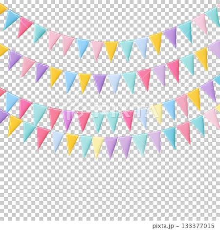 Colorful Triangular Flags Hanging for Celebration or Decoration in Bright Pastel Shades Colorful Triangular Flags Hanging for Celebration or Decoration in Bright Pastel Shades 133377015