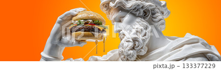A Marble Chef Statue Holding a Delicious Juicy Burger on Yellow-Orange Background - Generative Ai 133377229