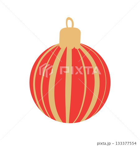 Christmas ornament vector illustration. Bright striped bauble for xmas tree. Red round decor with golden stripes isolated on white background. Colorful bold holiday element for merry winter decor 133377554