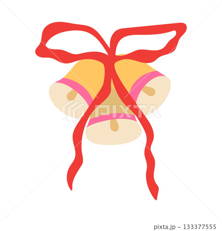 Christmas bells vector illustration. Yellow jingle bells with red ribbon bow isolated on white background. Festive holiday decoration in flat cartoon style for xmas celebration, winter designs 133377555